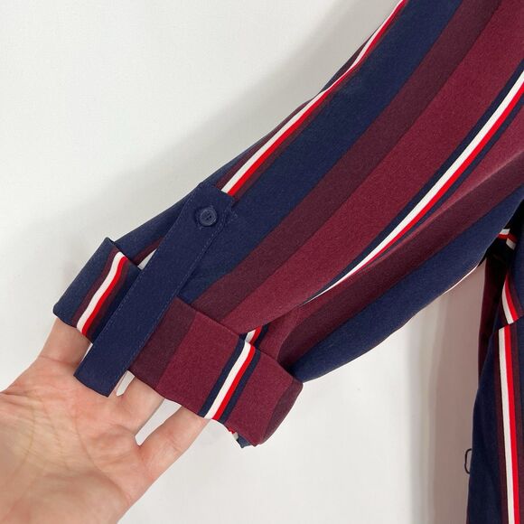 Tommy Hilfiger Navy Red Stripe Hidden Button 3/4 Roll Tab Sleeve Shirt Dress L - Picture 5 of 10